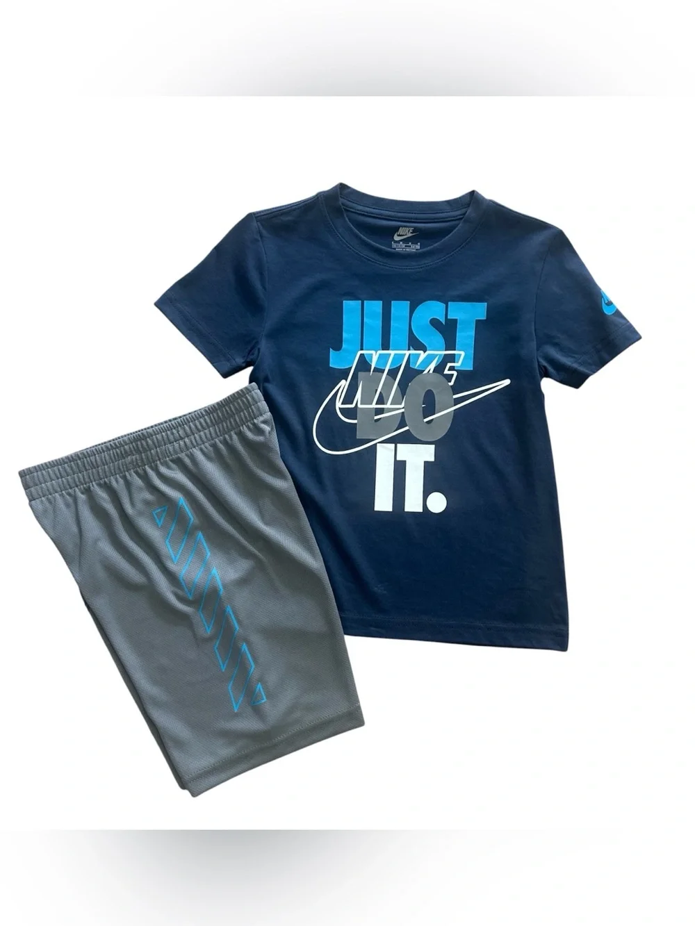 Nike Boys Size 6 2 Piece Set NWT Tee & Shorts Logo Athletic Outfit Blue Gray